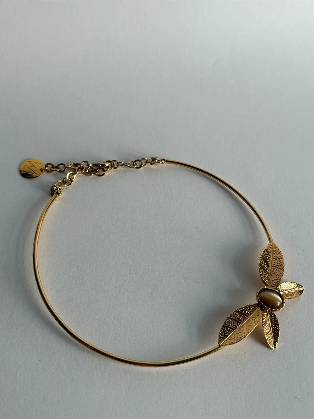 Gold Floral Collar Necklace with Cats Eye Gemstone